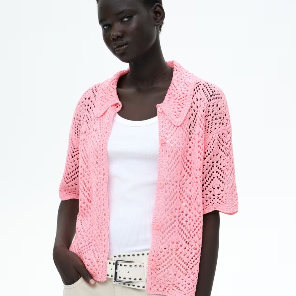Pink Granny Core Knit Pointelle Short Sleeve Button down Top